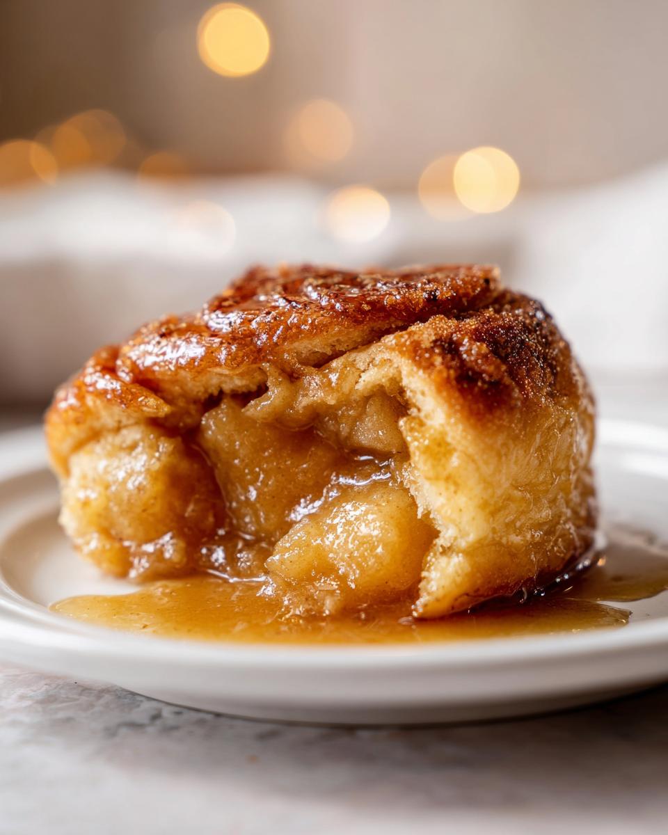 Close-up of a warm apple dumpling cut open, revealing soft, gooey spiced apple filling.