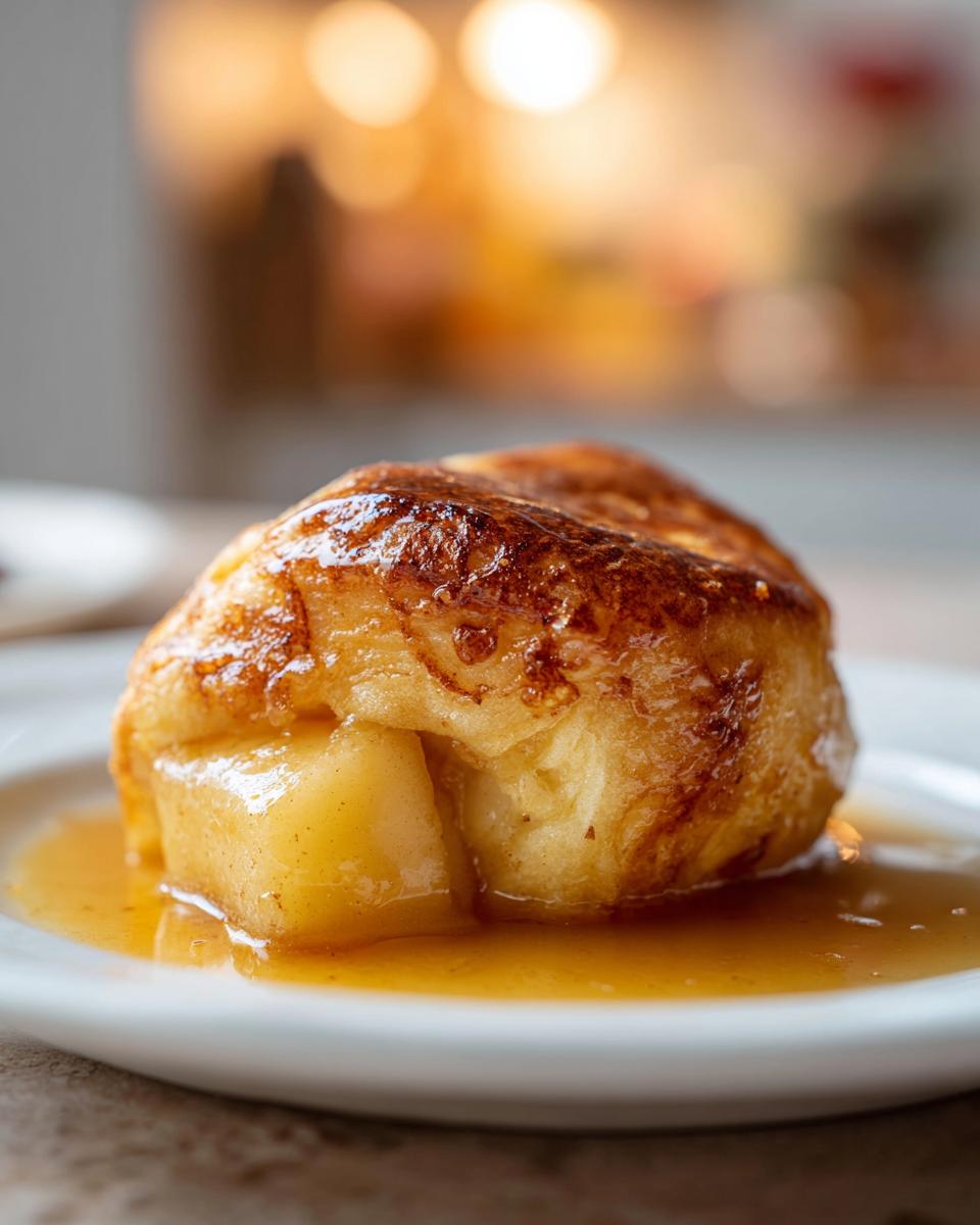 A single, golden-brown baked apple dumpling oozing sweet sauce, revealing soft apple filling inside.