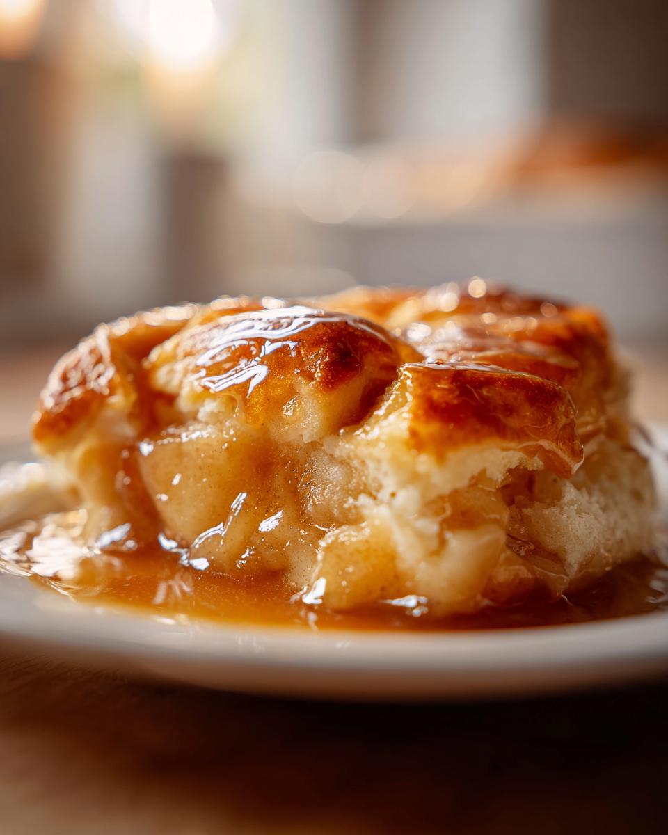 A close-up of a baked apple dumpling covered in a thick, glossy caramel sauce.