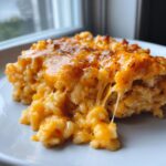 A close-up of a serving of cheesy rice casserole showing a dramatic cheese pull from the melted cheddar topping.