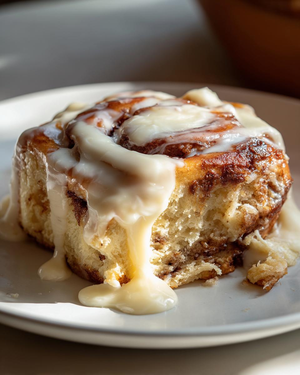 A close-up shot of a fluffy, baked cinnamon roll generously topped with dripping white icing.