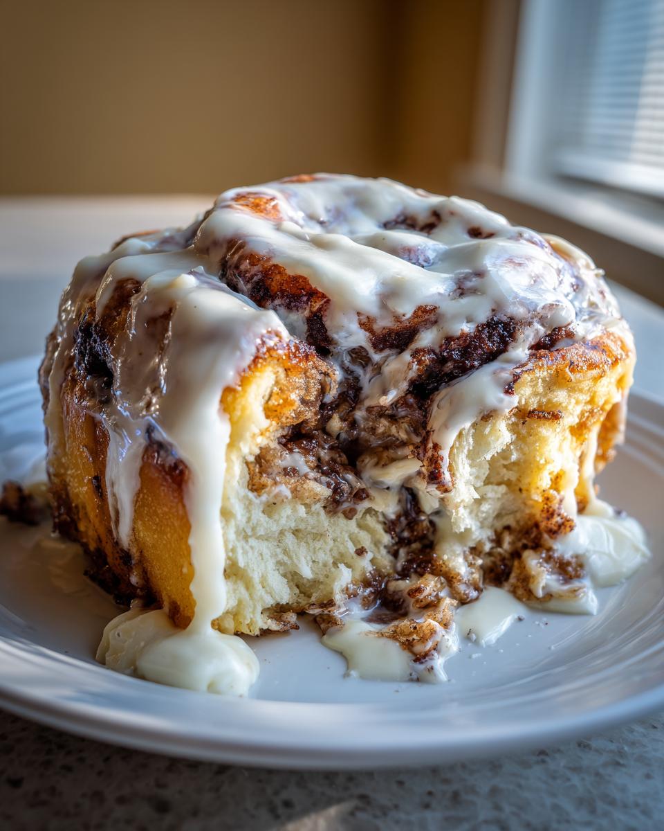 A close-up, cross-section view of a fluffy cinnamon roll dripping with thick white icing on a white plate.