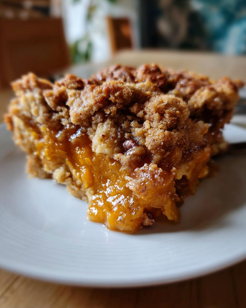 Close-up of a warm slice of pumpkin pecan cobbler showing the gooey orange filling and crunchy pecan crumble topping.