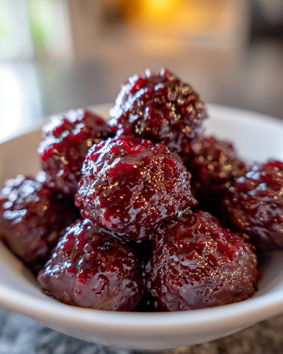 Close-up of several glistening Grape Jelly Meatballs coated in a rich, dark red sauce, served in a white bowl.