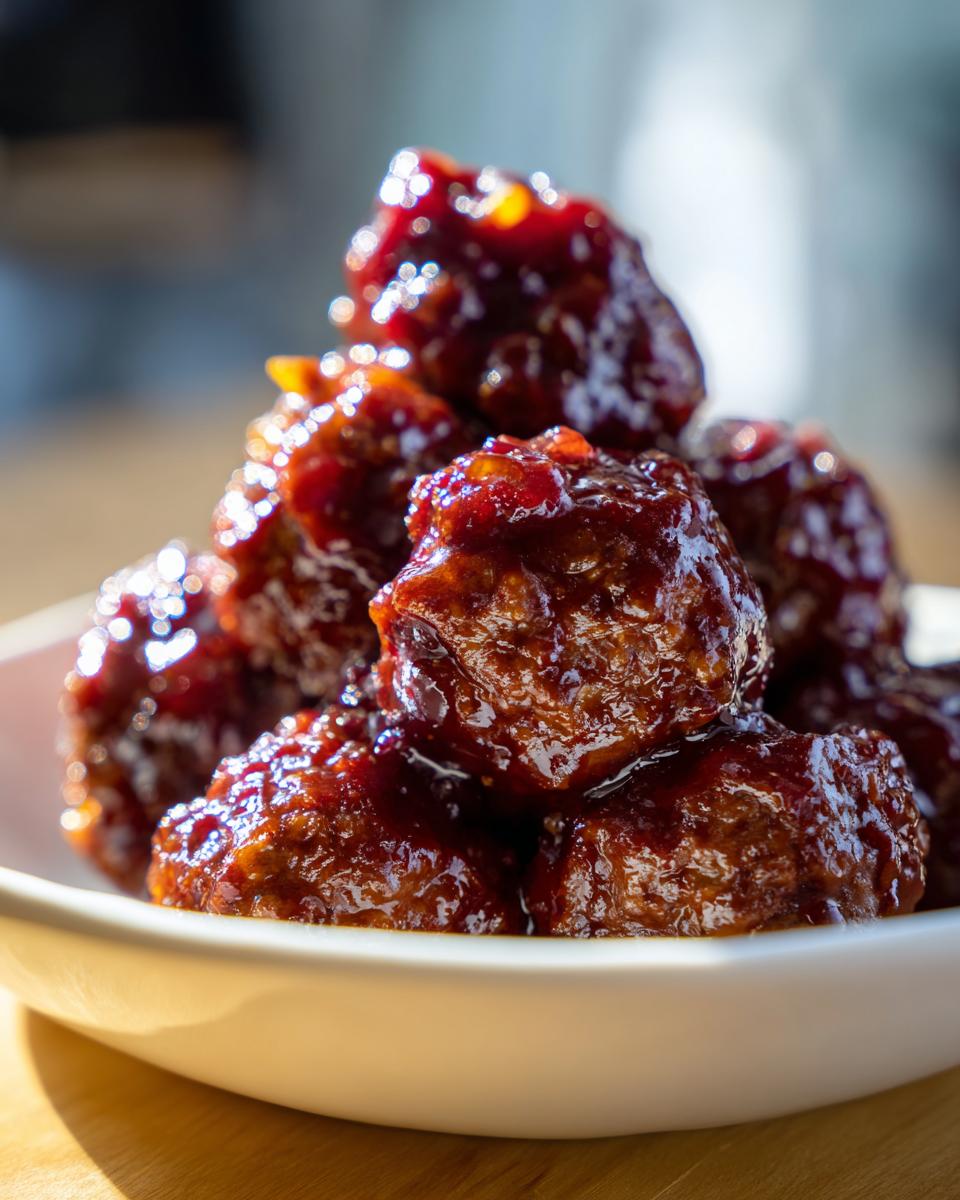 Close-up of glistening, saucy grape jelly meatballs piled high in a small white serving dish.