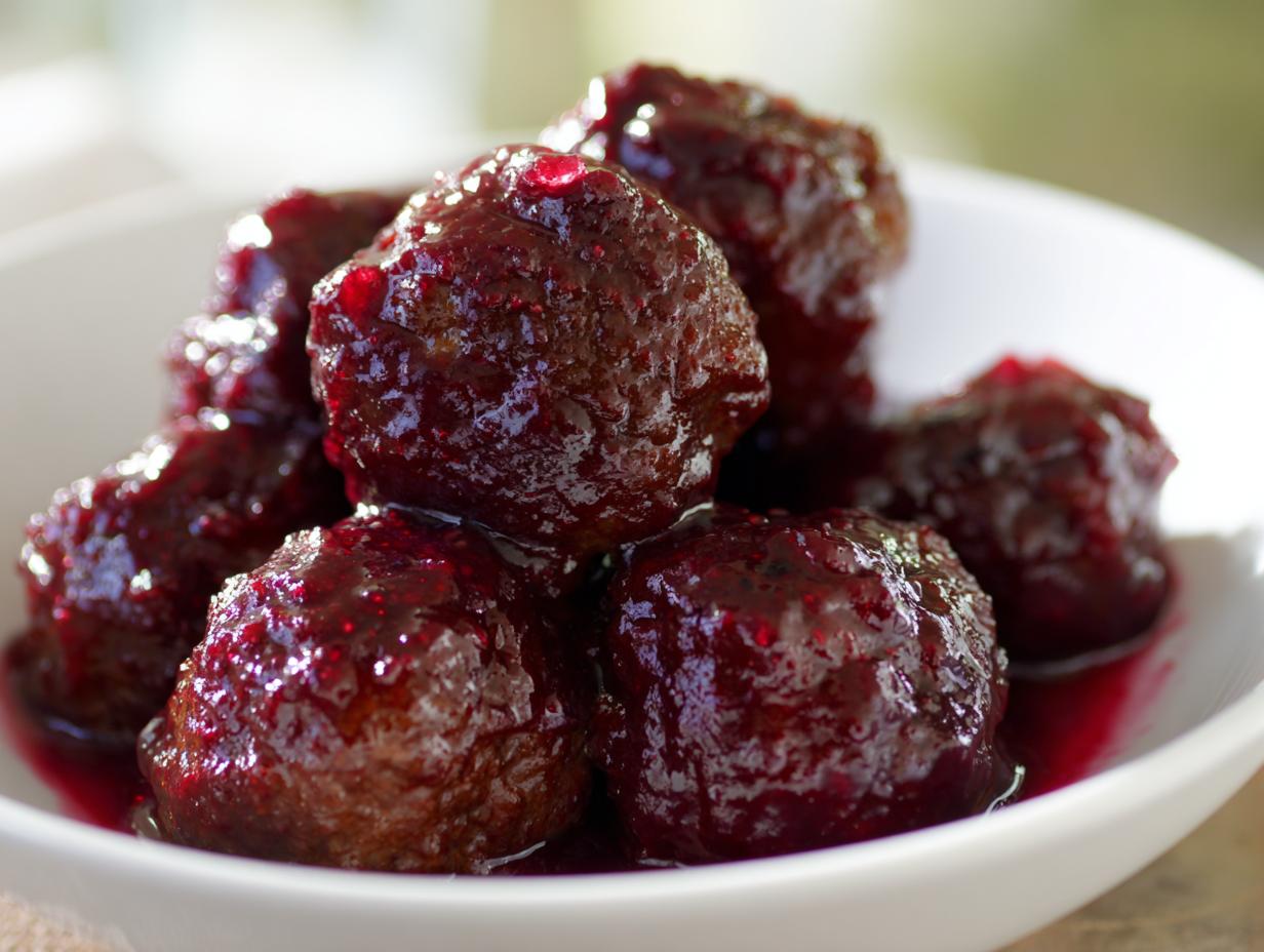 Close-up of several glistening grape jelly meatballs coated in a thick, dark red sauce served in a white bowl.