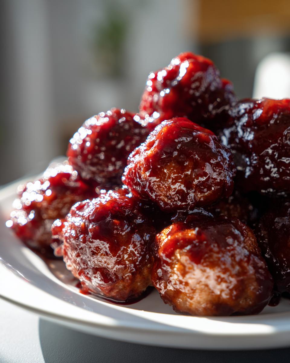 A close-up shot of several glistening, saucy grape jelly meatballs piled high on a white serving dish.