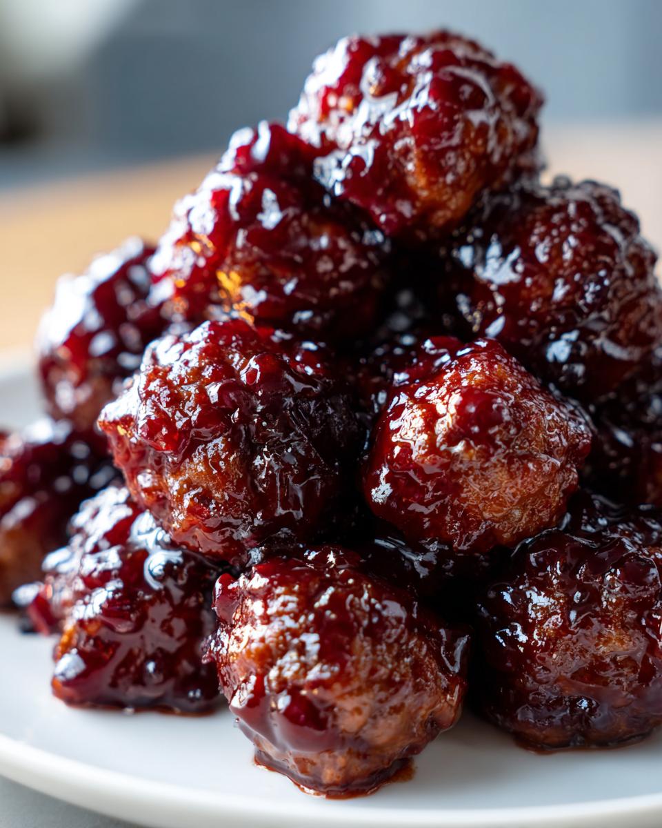 A close-up stack of savory grape jelly meatballs coated in a thick, glossy, dark red sauce.