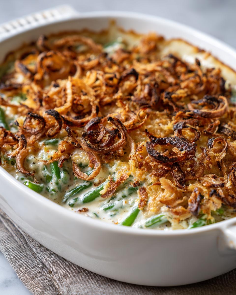 Close-up of a creamy green bean casserole topped generously with crispy fried onions.