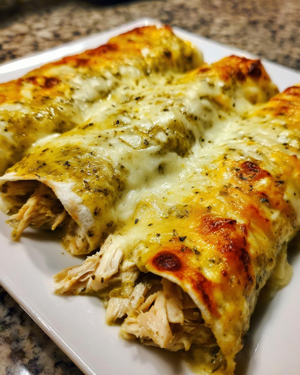 Close-up of three baked green chile chicken enchiladas covered in melted, slightly browned cheese.