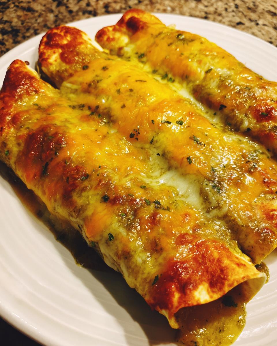 Three baked green chile chicken enchiladas covered in melted orange cheese and green sauce on a white plate.