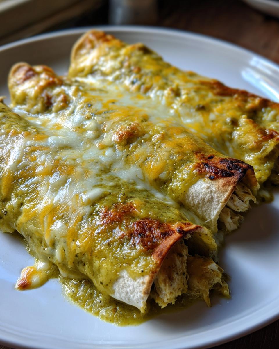 Close-up of three delicious green chile chicken enchiladas covered in melted white and yellow cheese.