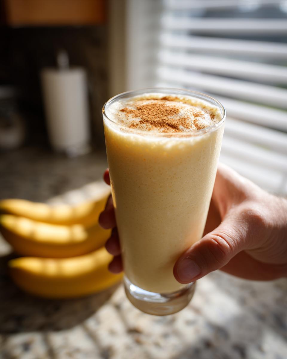 A hand holding a tall glass of creamy banana smoothie, topped with cinnamon.