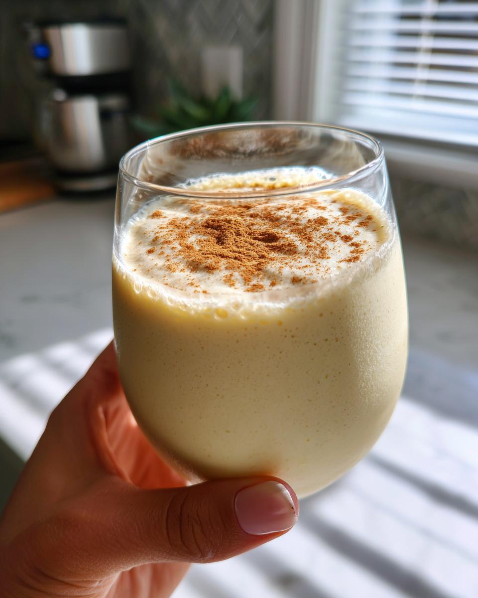 A hand holding a glass filled with a thick, creamy banana smoothie topped with sprinkled cinnamon.