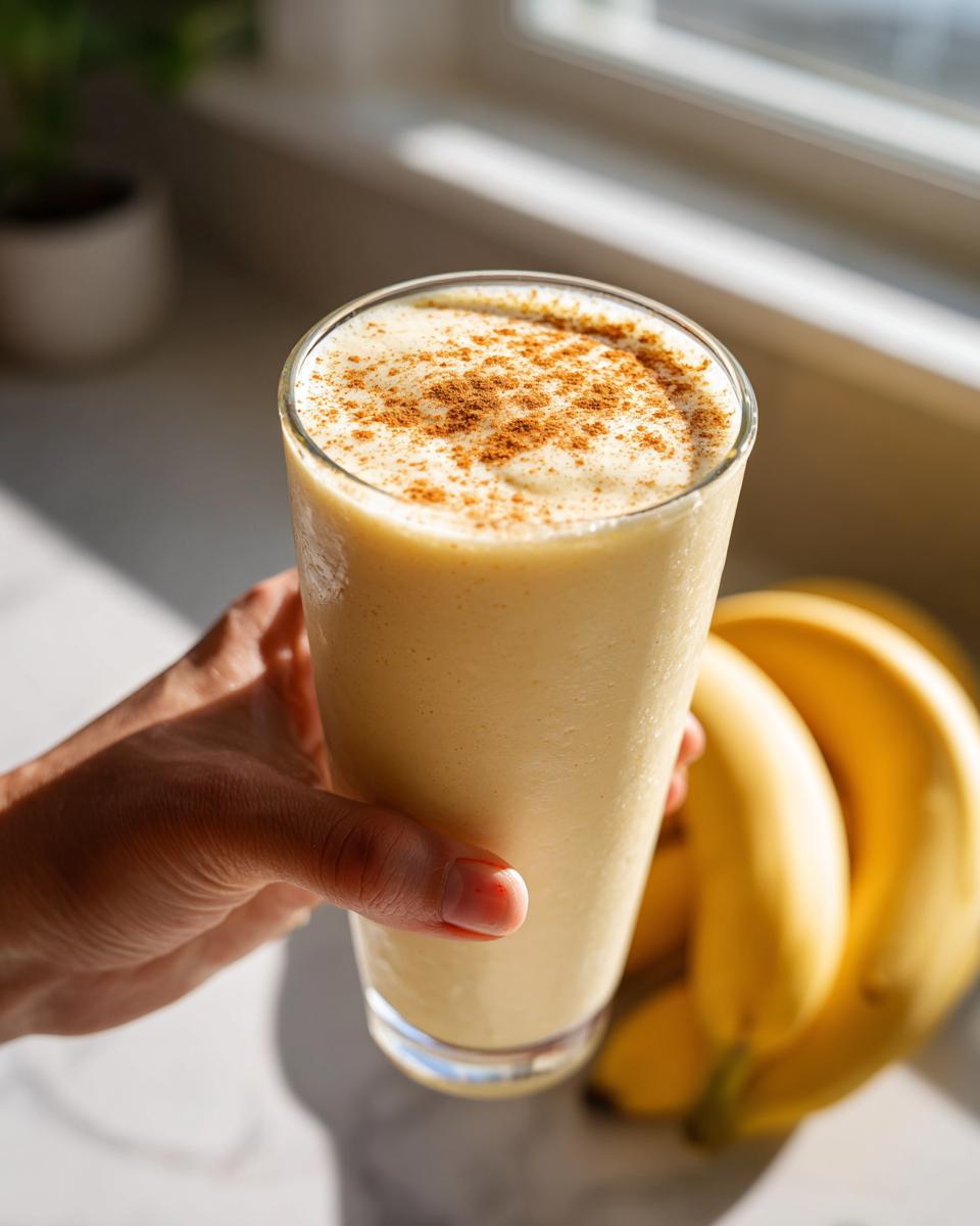 A hand holds a tall glass of thick, creamy banana smoothie topped with cinnamon.