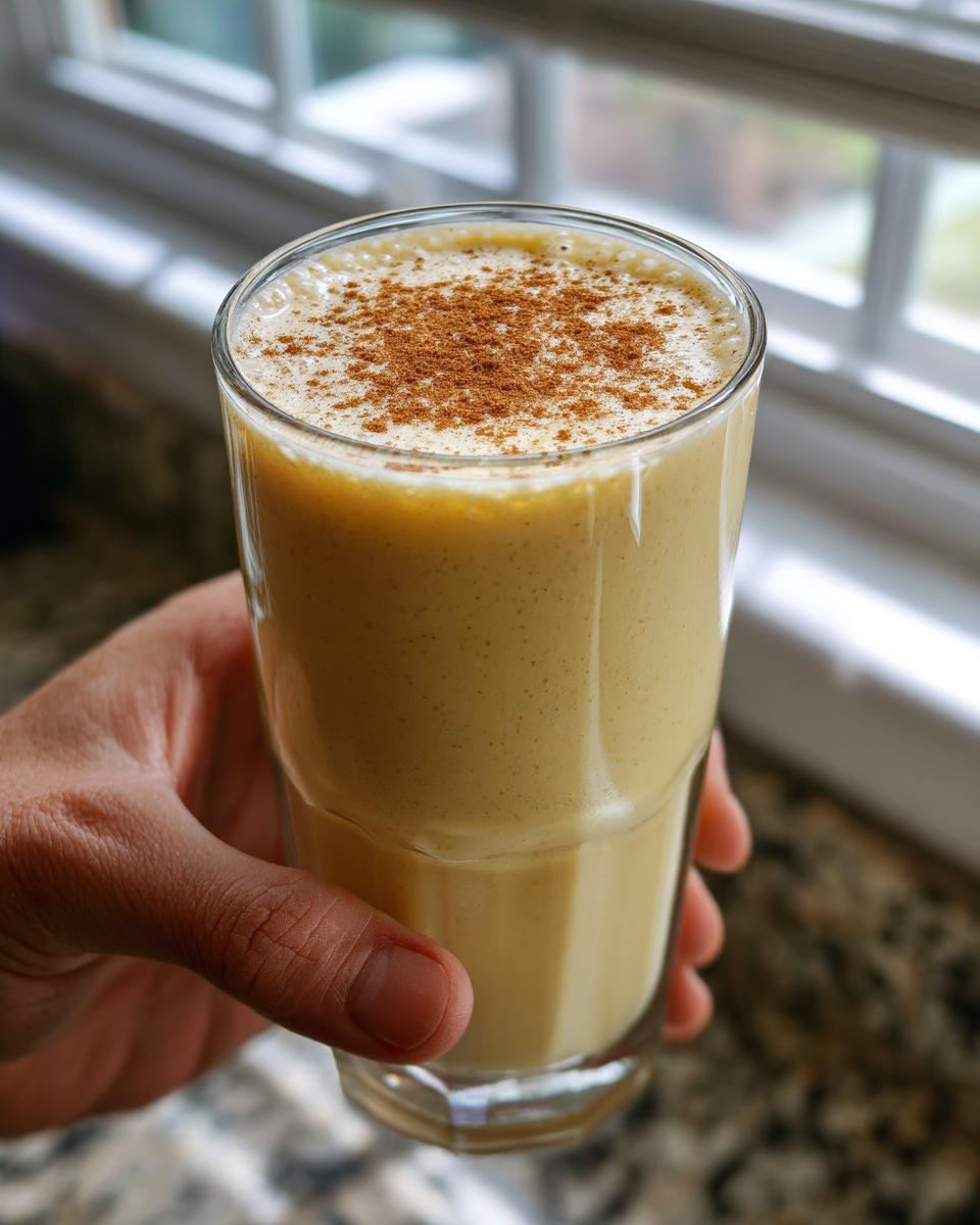 A hand holding a tall glass filled with a thick, creamy banana smoothie, topped with ground cinnamon.