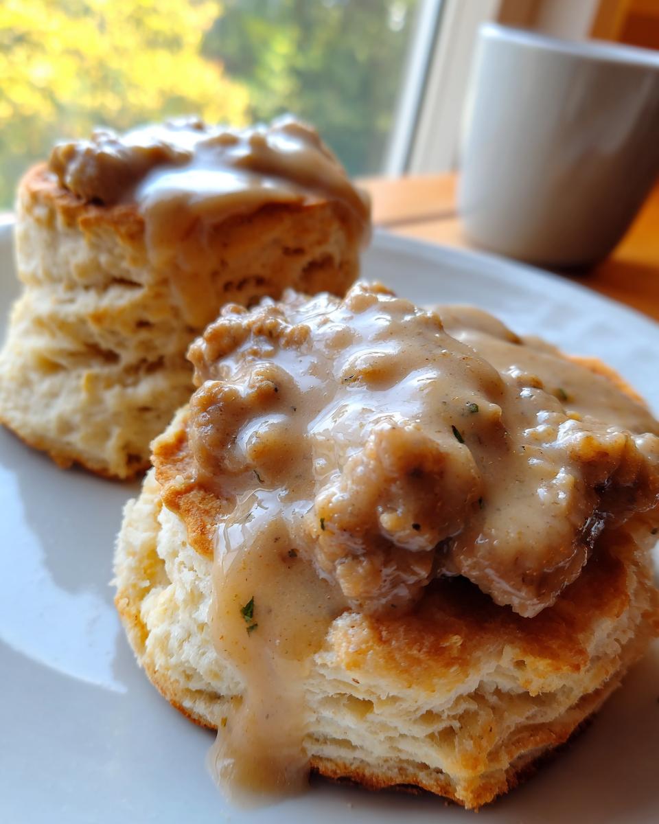 Two fluffy biscuits smothered in creamy sausage gravy, a classic dish of biscuits and gravy, served on a white plate.