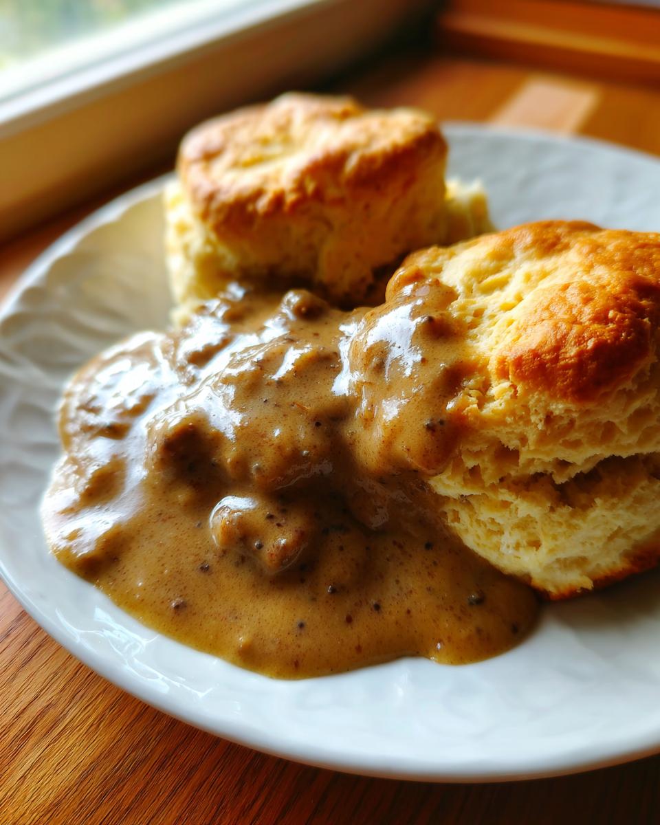 Two fluffy biscuits smothered in rich, peppered sausage gravy, the classic biscuits and gravy.