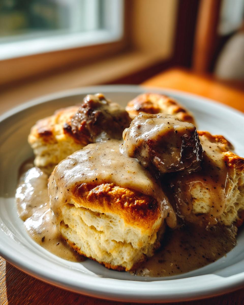 Close-up of fluffy biscuits smothered in creamy, peppered sausage gravy for biscuits and gravy.