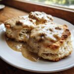 Three fluffy, golden biscuits smothered in creamy sausage gravy, classic Biscuits and gravy.