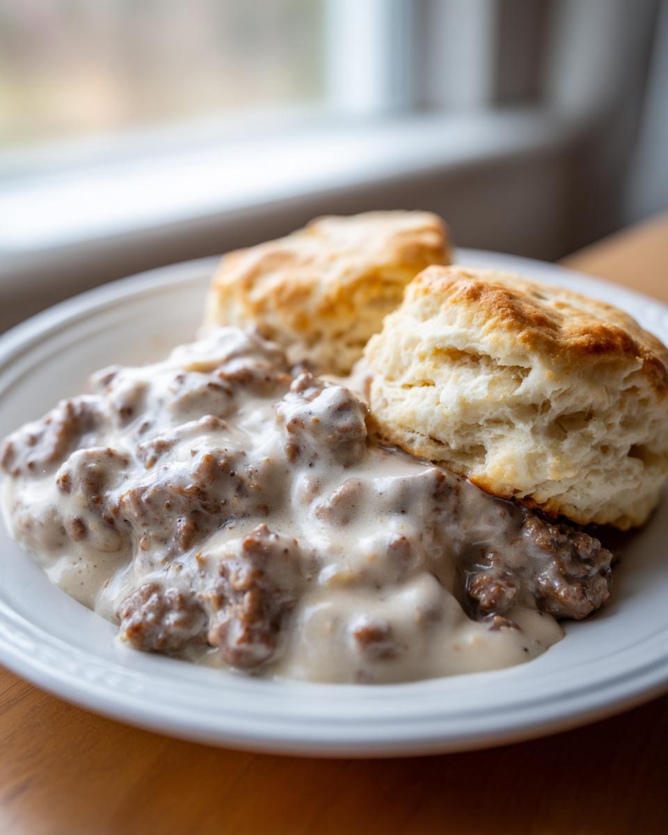 A close-up of fluffy biscuits smothered in creamy sausage gravy, a classic biscuits and gravy serving.
