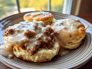 Close-up of three fluffy biscuits smothered in creamy sausage gravy, classic biscuits and gravy.