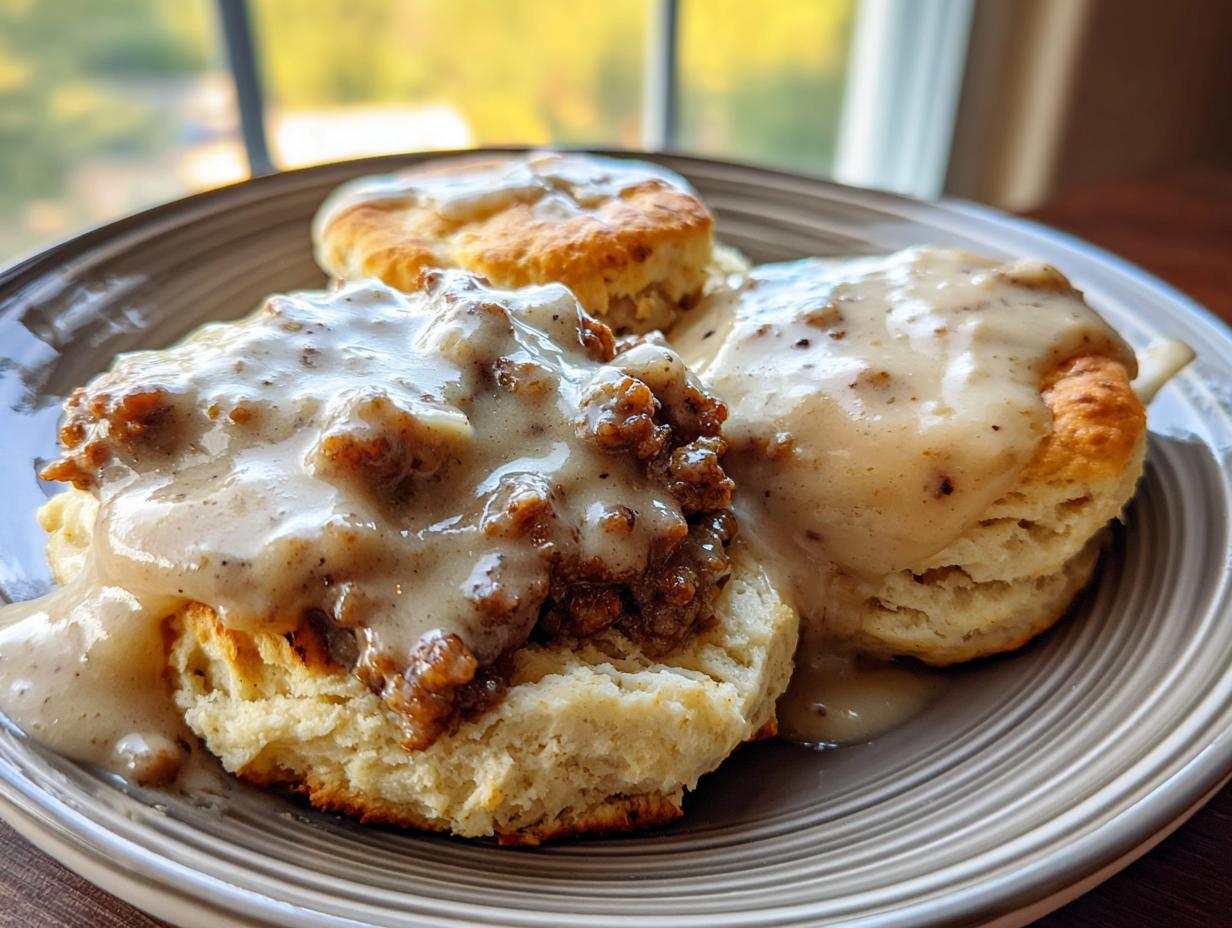 Close-up of three fluffy biscuits smothered in creamy sausage gravy, classic biscuits and gravy.