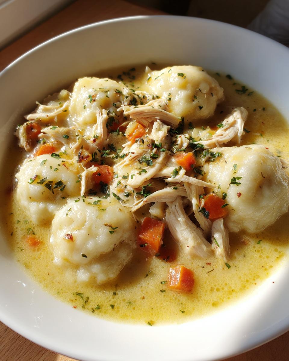 A close-up of a hearty bowl of chicken and dumpling stew, featuring fluffy dumplings, shredded chicken, and carrots in a creamy broth.