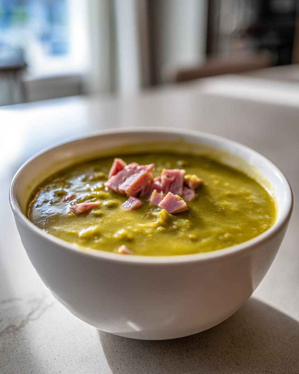 Close-up of a thick, green pea soup in a white bowl, garnished with diced pink ham cubes.