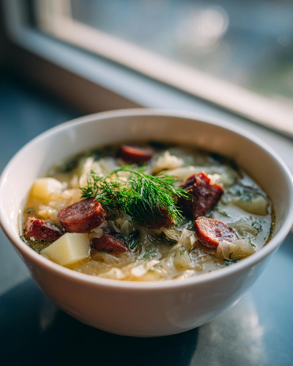 Close-up of a bowl of hot sauerkraut soup featuring chunks of smoked sausage, potatoes, and topped with fresh dill.