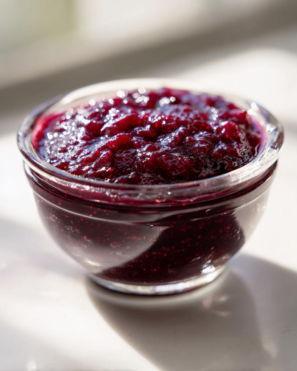Close-up of thick, dark red plum jam glistening in a small glass bowl, highlighted by sunlight.