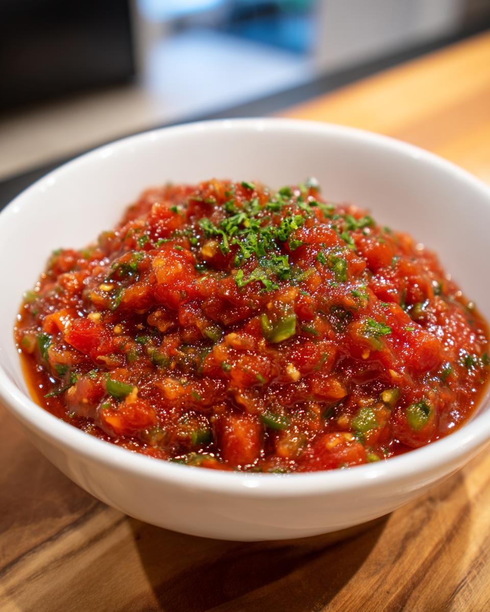 Close-up of a white bowl filled with chunky, vibrant red homemade salsa, garnished with fresh green herbs.