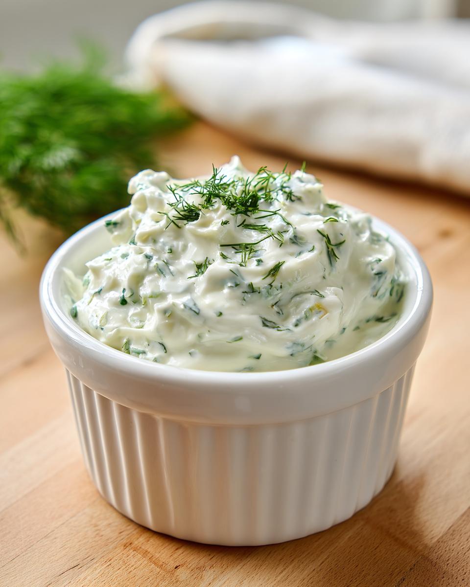 A close-up of creamy homemade tartar sauce garnished with fresh dill, served in a white fluted ramekin.