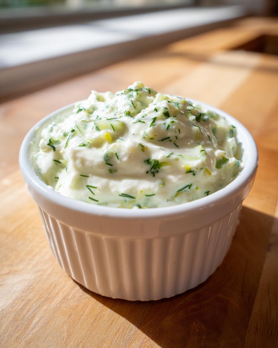 A close-up of creamy, homemade tartar sauce mixed with green herbs and relish chunks in a white bowl.