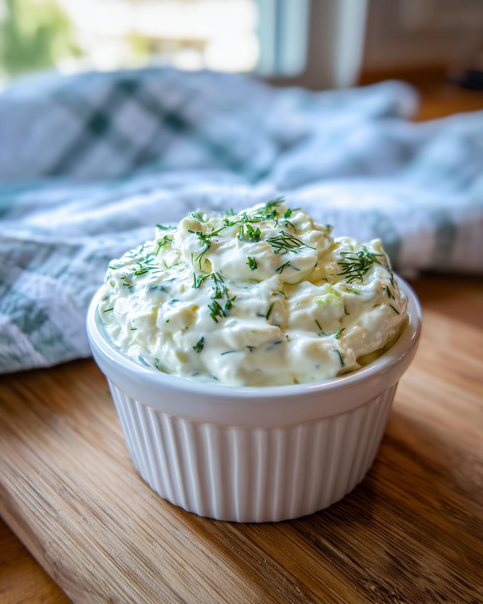 A close-up of creamy homemade tartar sauce topped with fresh dill in a white fluted ramekin.