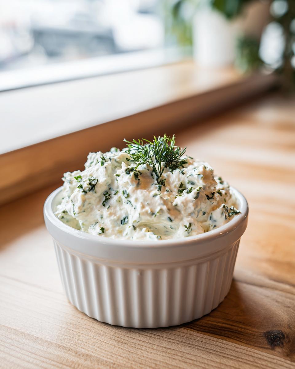 A small white ramekin filled with creamy homemade tartar sauce, garnished with fresh dill.