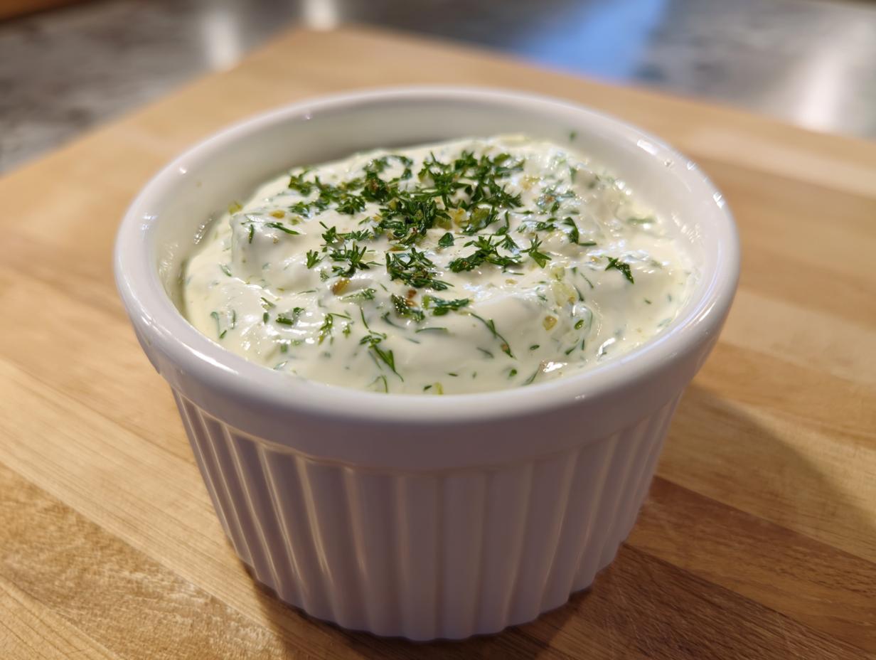Close-up of creamy homemade tartar sauce garnished with fresh chopped herbs in a white fluted ramekin.