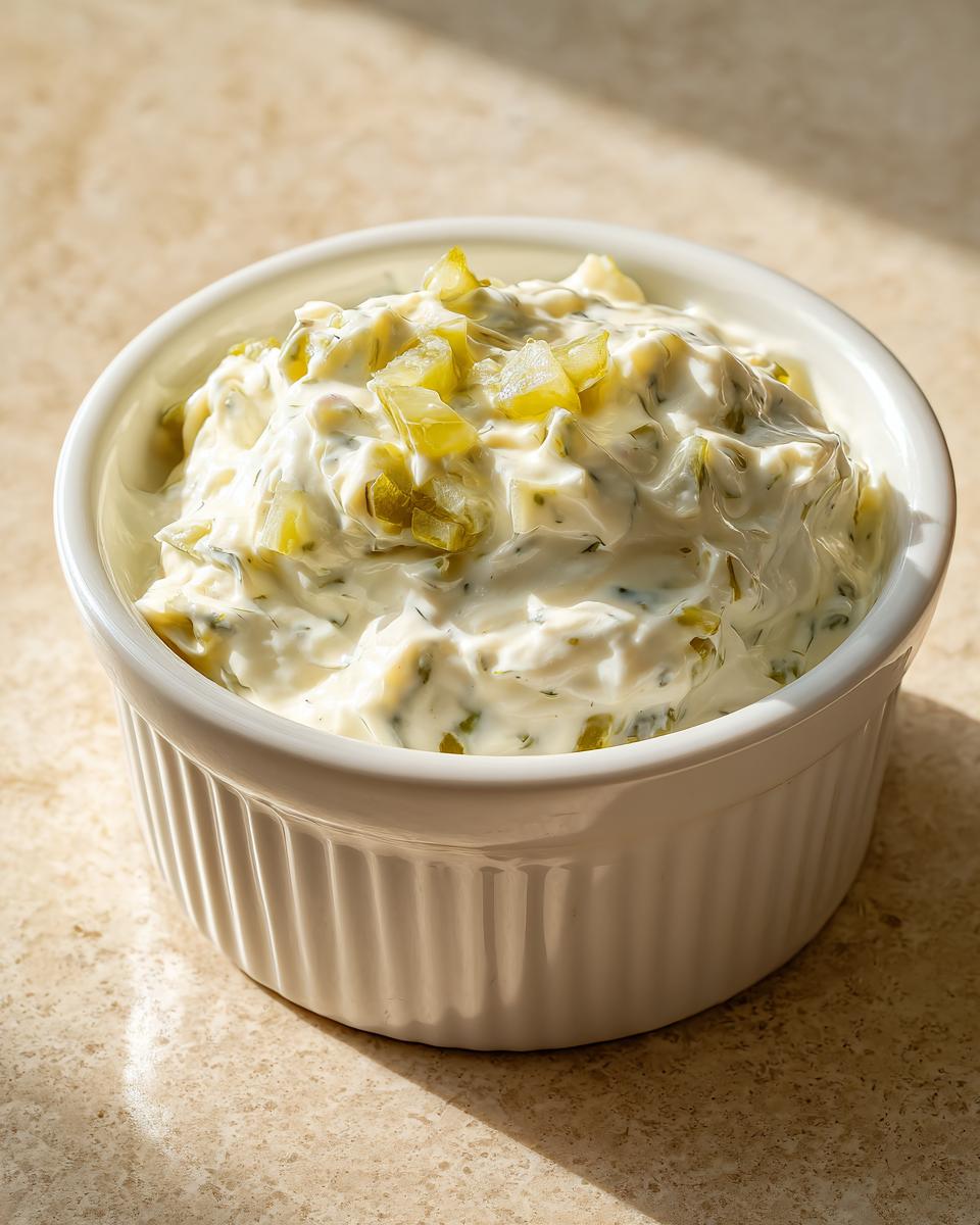 A close-up of creamy, chunky tartar sauce recipe served in a small white fluted bowl.