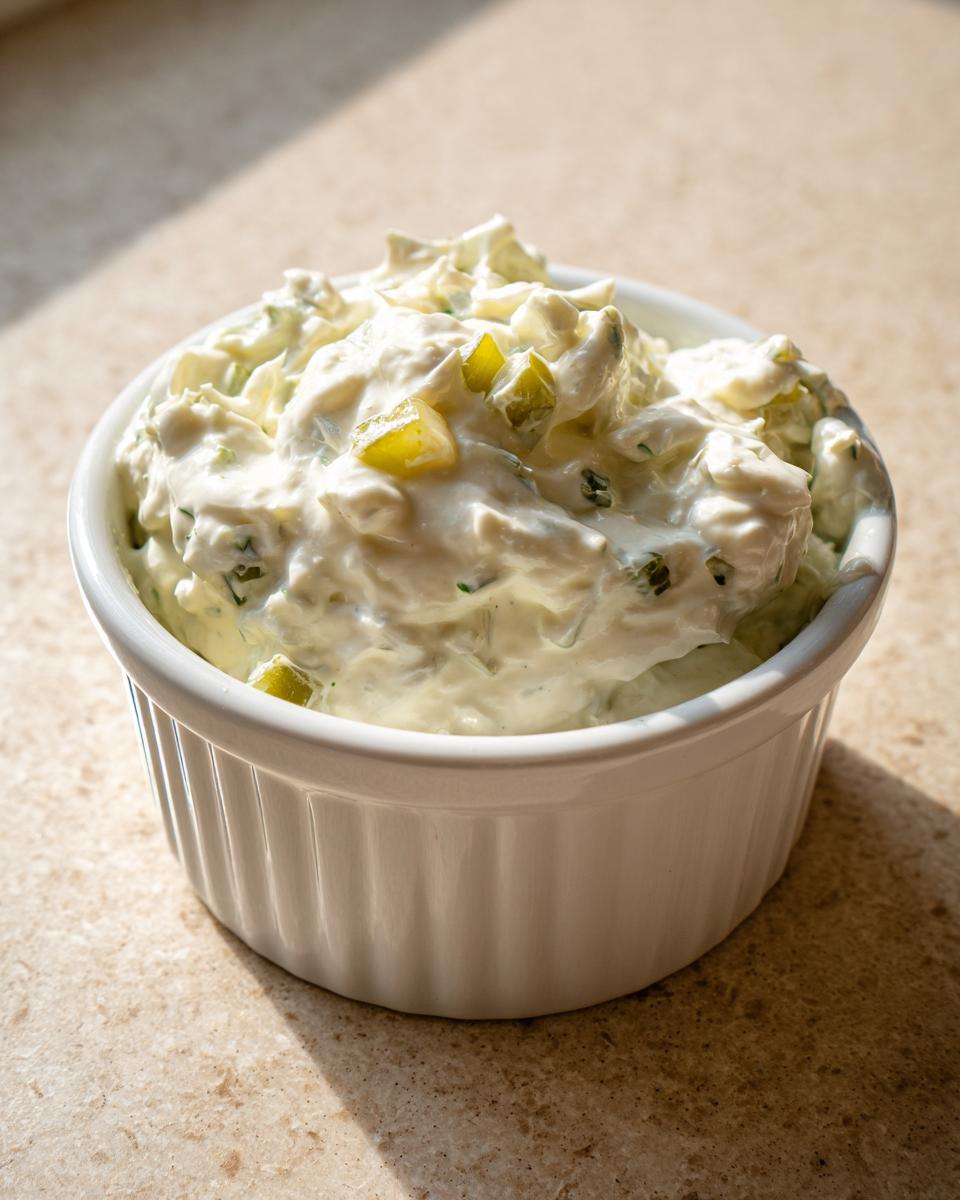 A close-up of thick, creamy homemade tartar sauce recipe, studded with chopped pickles, served in a small white ramekin.