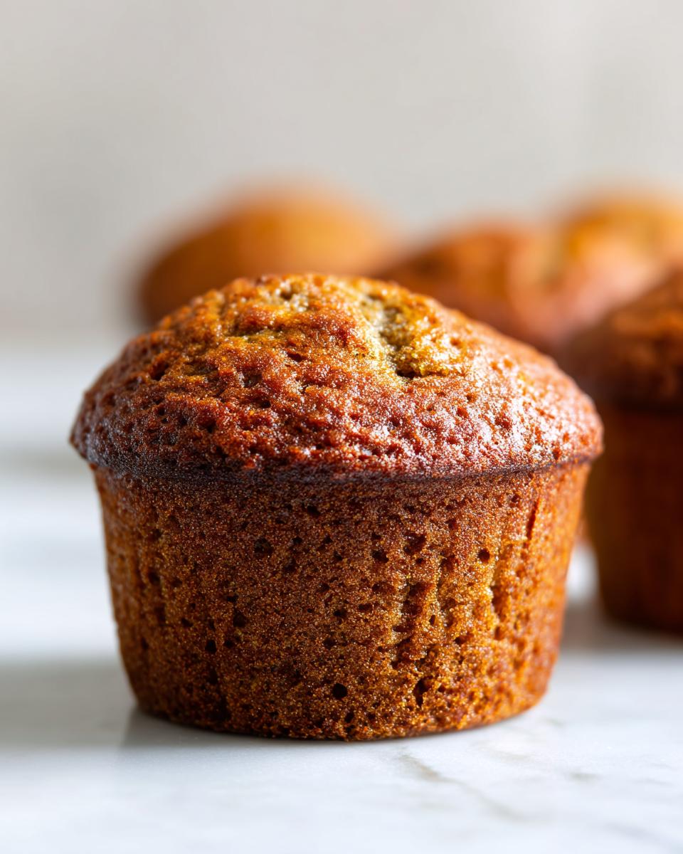 A close-up, low-angle shot of a single, richly browned honey bran muffin with a textured top.