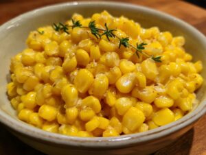 Close-up of bright yellow honey butter corn kernels served in a rustic bowl, garnished with fresh thyme.
