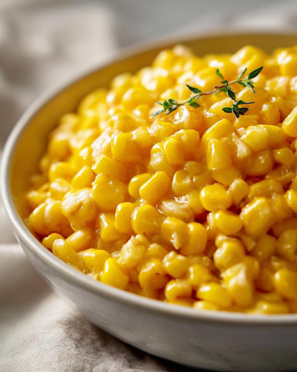 Close-up of bright yellow honey butter corn kernels glistening in a bowl, garnished with fresh thyme.