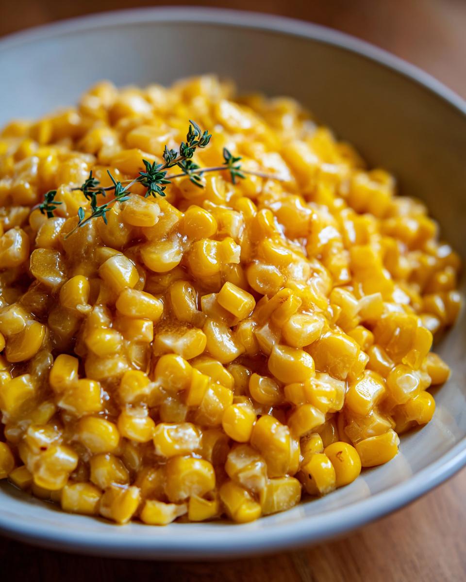 A close-up of creamy, glossy honey butter corn kernels garnished with fresh thyme.