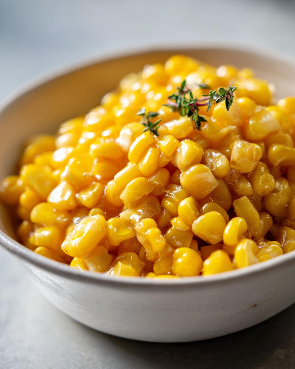 A close-up of glistening, sweet honey butter corn kernels topped with fresh thyme in a small white bowl.