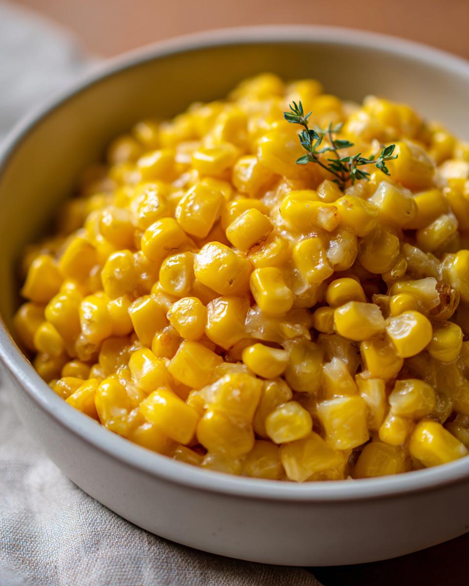 Close-up of sweet, glossy honey butter corn kernels served in a light-colored bowl, garnished with thyme.