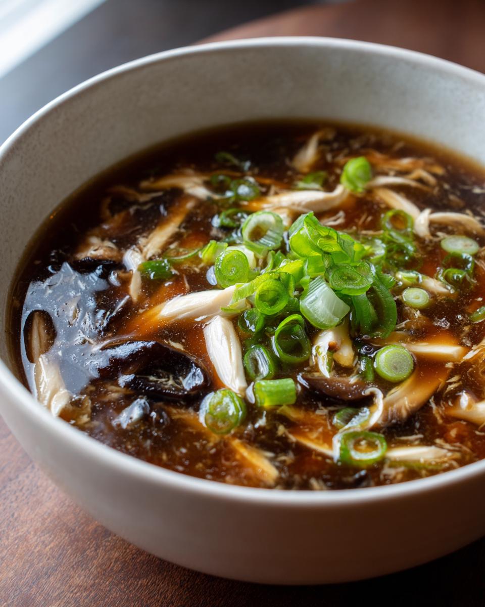 Close-up of a bowl filled with rich, dark hot and sour soup recipe, topped with shredded chicken, mushrooms, and fresh green onions.