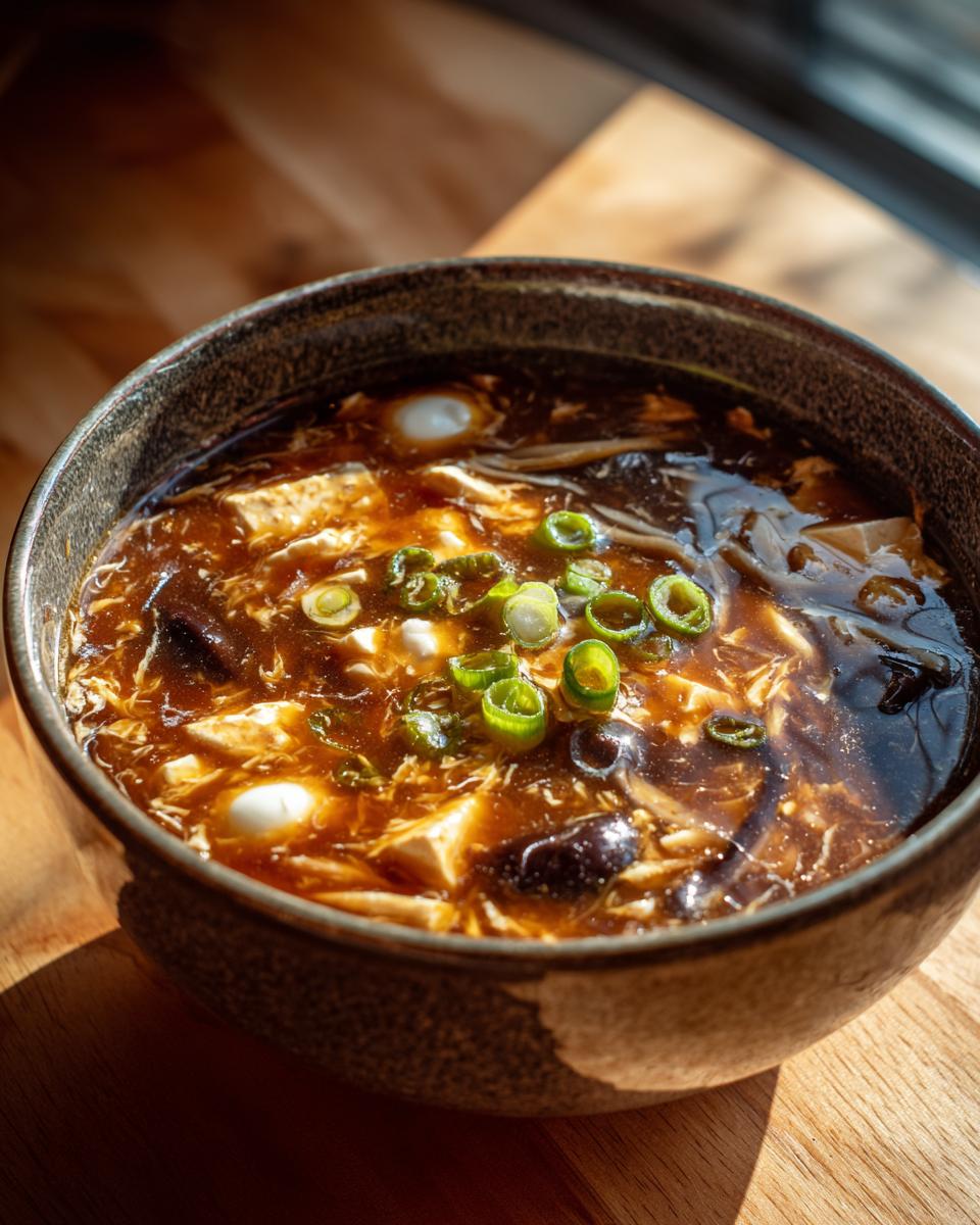A close-up of a steaming bowl of hot and sour soup recipe, showing tofu, mushrooms, and green onions.