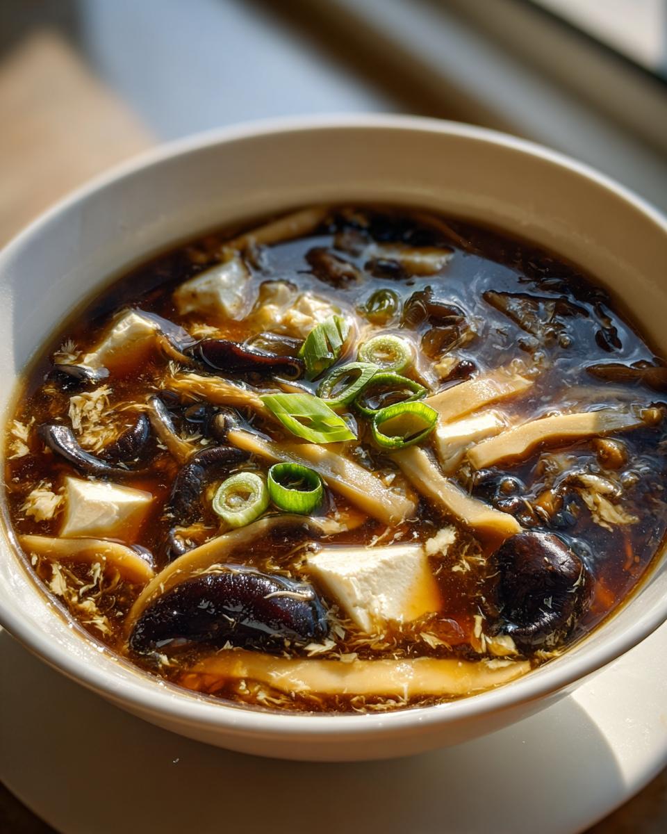 A close-up of a bowl of rich, dark hot and sour soup recipe, featuring tofu, mushrooms, and scallions.