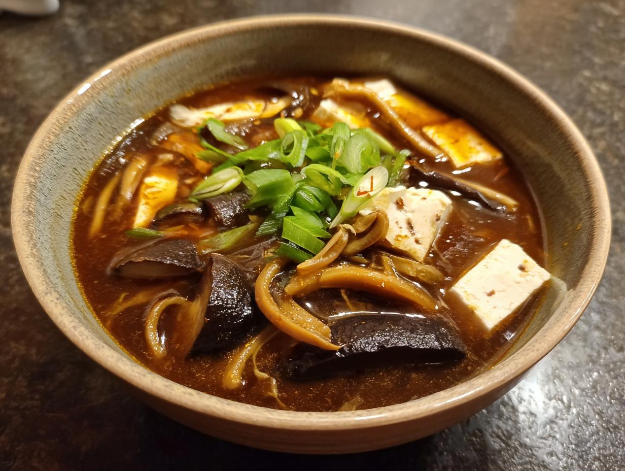 A close-up of a rich, dark broth hot and sour soup recipe, featuring tofu, shiitake mushrooms, and green onions.