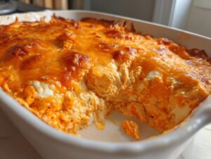 Close-up of a freshly baked Buffalo chicken dip with a bubbly, melted orange cheese topping in a white casserole dish.